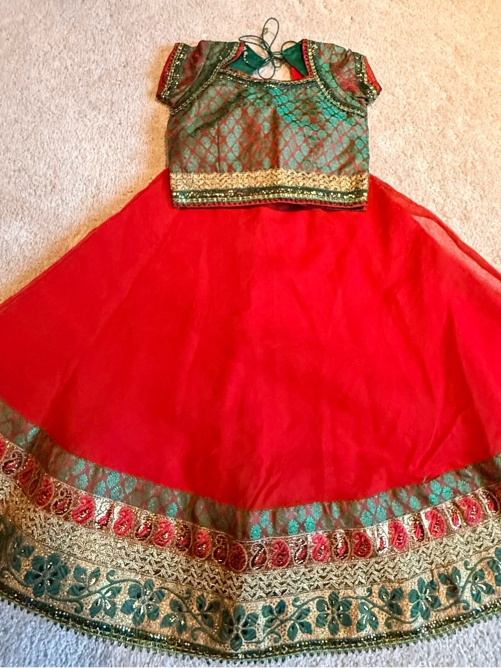 Traditional Red and Green Girls' South Indian Skirt / Lehenga and blouse/ choli